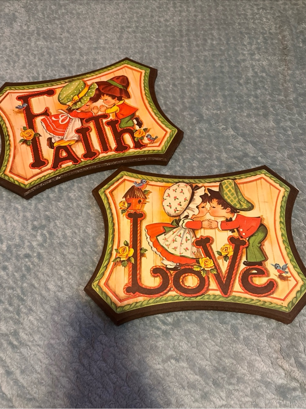 VTG Wood Wall Plaques, “Love” & “Faith”, 1970’s Retro ~Adorable! ~Cottage Core